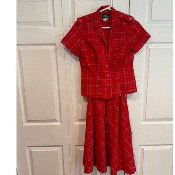 Vintage 80s Patty Woodward Red Plaid Skirt Set Button Up Short Sleeve - Picture 3 of 7
